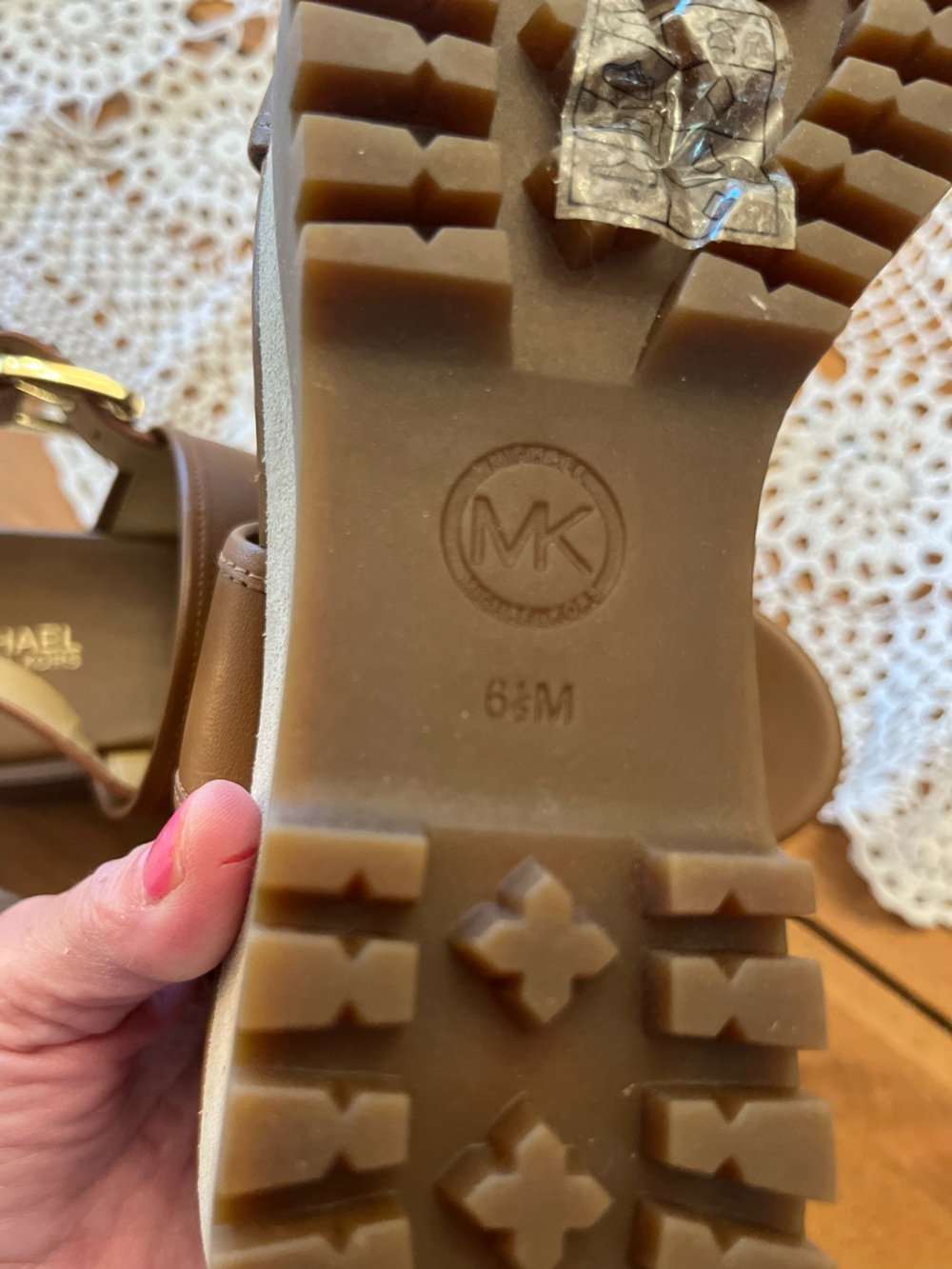 Michael Kors Tan Suede and Brown Leather Lug Platform Sandals with Gold Buckle - Picture 9 of 12